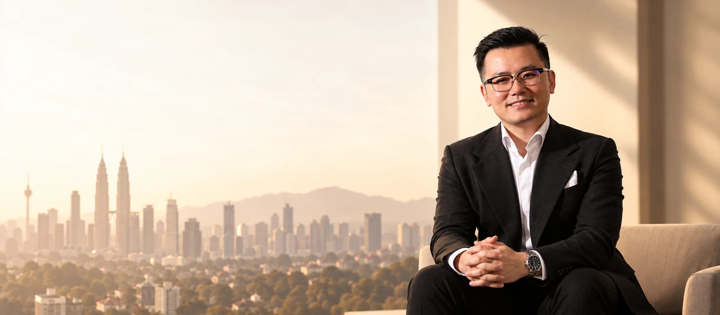Dato' KK Chua seated in front of a warm Kuala Lumpur skyline